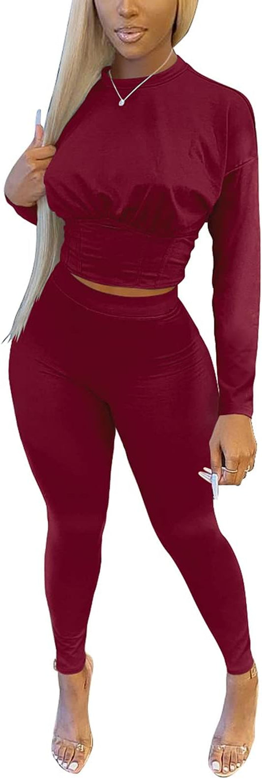Solid Color Two Piece Outfits for Women，Long Sleeve Crop Top and Bodycon Pants Joggers Clubwear Tracksuit Sweatsuit